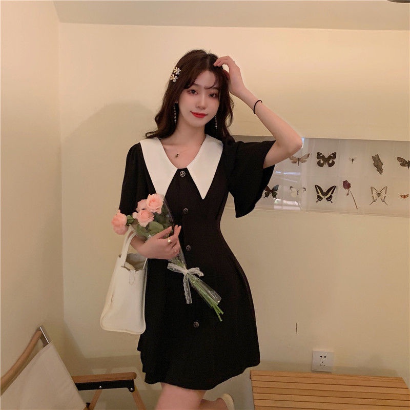 Váy Babydoll Bigsize Cổ Búp Bê Xuông Màu Đen Phong Cách Pháp Trang Xinh Xắn Váy Nữ