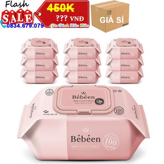 Thùng 10 gói khăn ướt em bé hàn quốc bebeen màu hồng - gói 100 miếng nắp nhựa