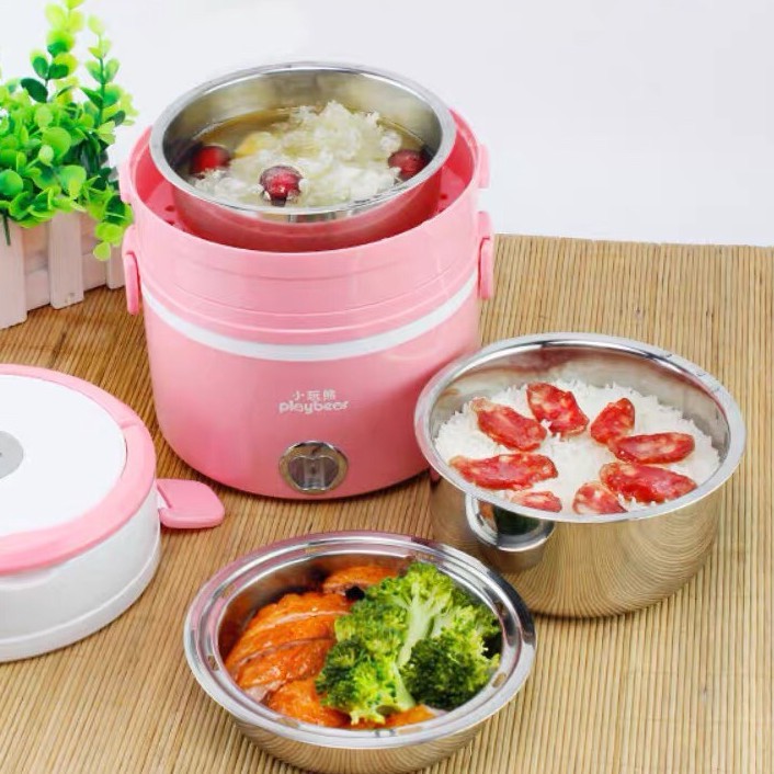 Hộp cơm cắm điện hâm nóng inox cao cấp 3 tầng Play Bear tặng túi đựng xinh xắn