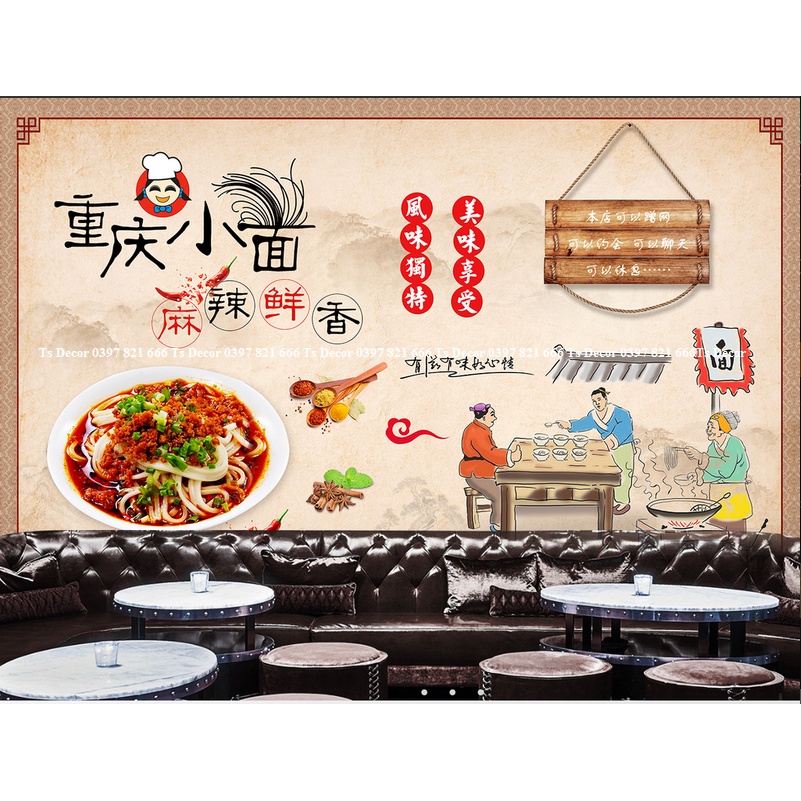 Tranh dán tường trang trí nhà hàng quán ăn lẩu nướng 3D