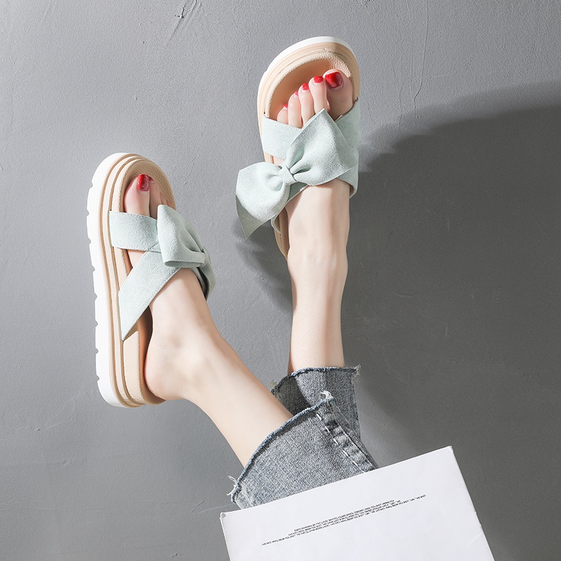 □New 2021 Sandals and slippers women s summer wear thick-soled fashion Korean version of cross-bowknot all-match non-slip high-slip slipperssandal