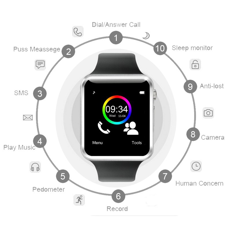 Đồng hồ thông minh A1 hỗ trợ thẻ SIM và camera 2G kết nối Bluetooth cho điện thoại Android