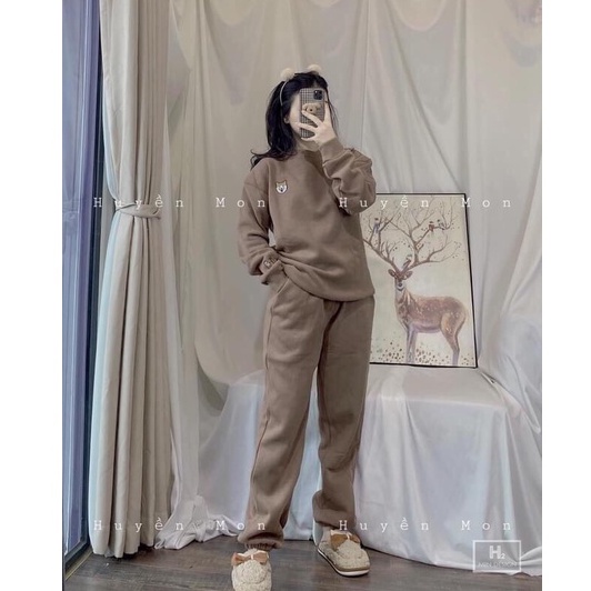 Set Bộ nỉ mùa đông thêu chó shiba dài tay nữ  Set đồ ngủ quần ống bo gấu áo sweater form rộng mặc nhà đẹp ulzzang Ailee