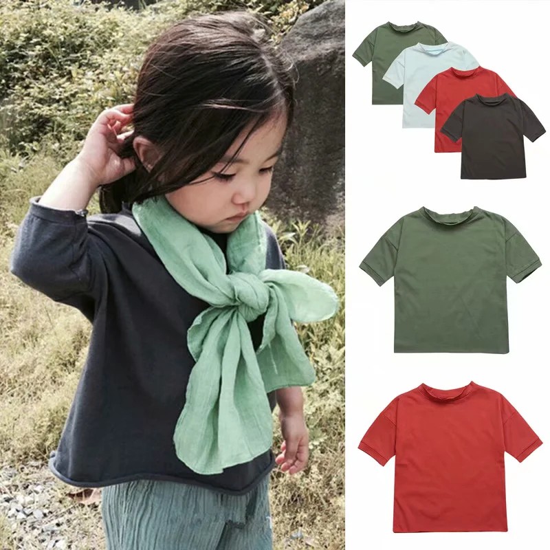 Korean Fashion Solid Kids Girls Blue Tshirts Short Sleeve Infant Toddler Baby Red T-shirt Top Cloth