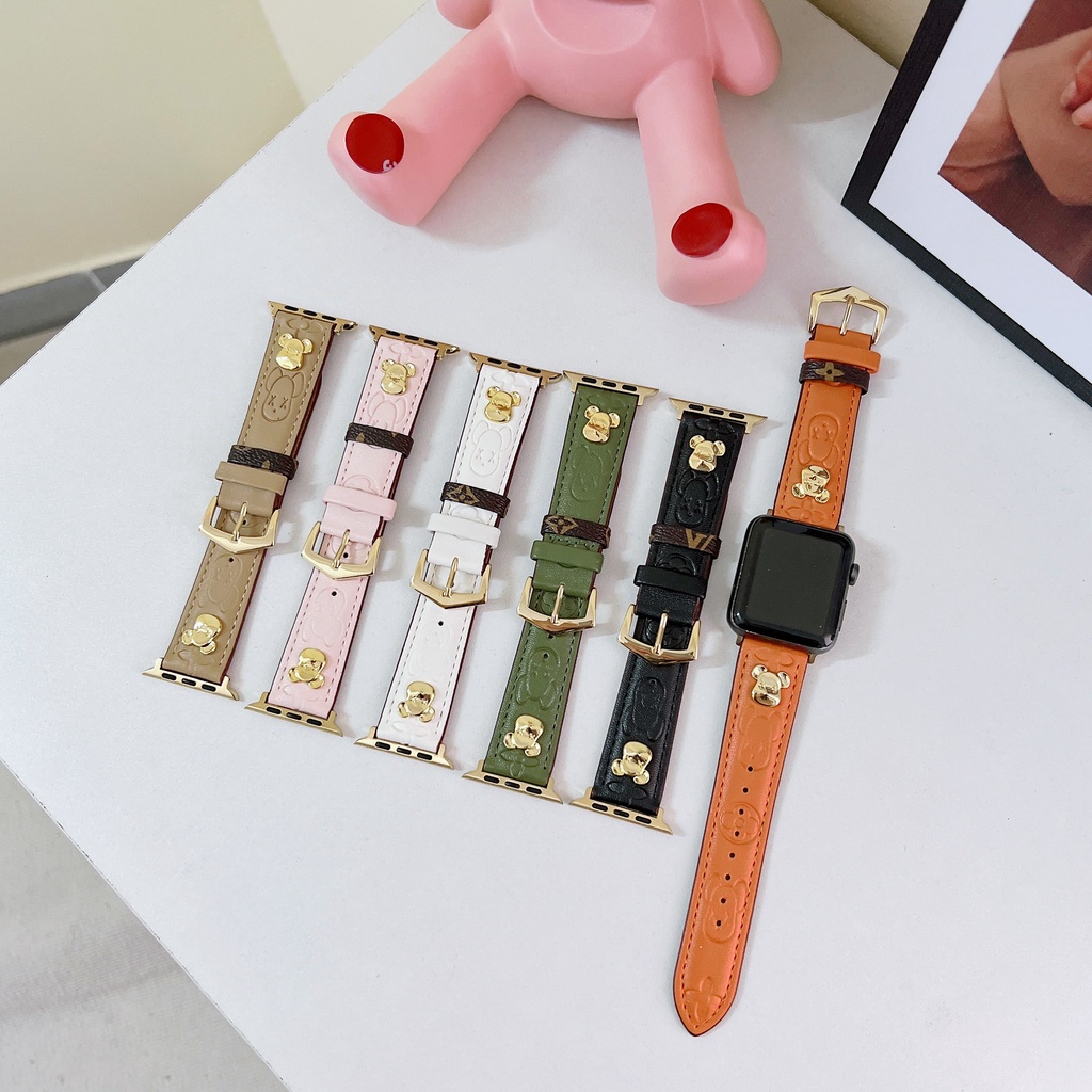 Dây Đeo Bằng Da Đính Đinh Tán Hình Gấu Cho Đồng Hồ Thông Minh iwatch serise 7 6 SE 5 4 3 2 41mm 45mm 40mm 44mm 42mm 38mm
