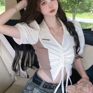 Áo croptop rút dây giữa cổ sơ mi PC