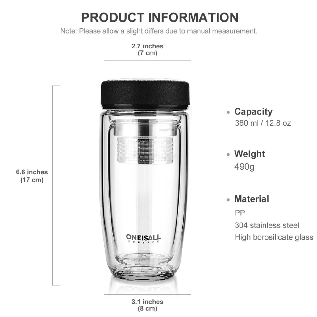 Bình Nước Thủy Tinh Hai Lớp Kèm Bộ Lọc Dung Tích 380ML Dùng Trong Văn Phòng / Ngoài Trời Cho Nam