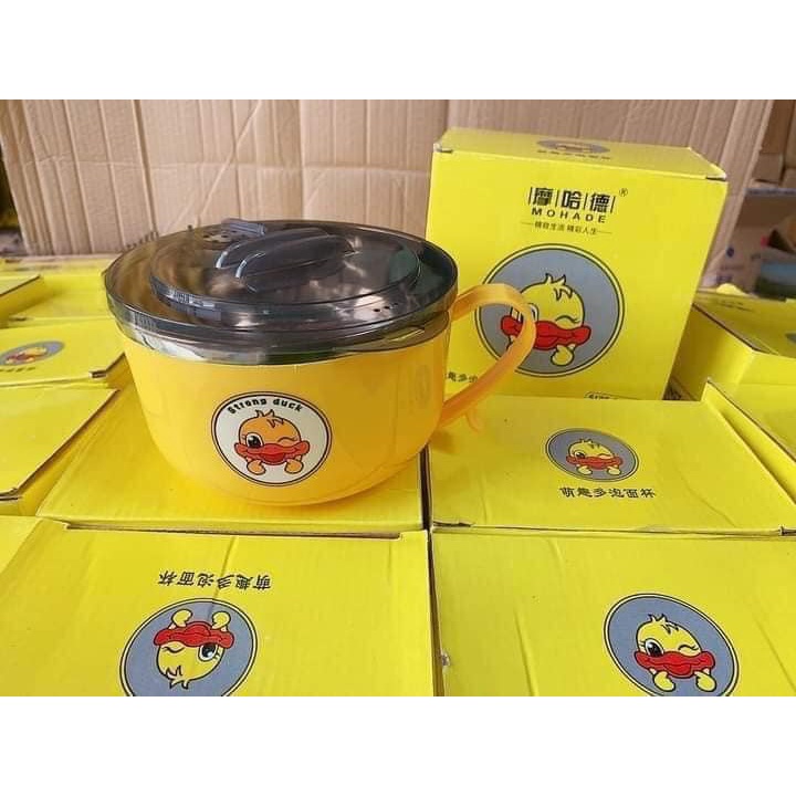 Tô ăn mì Vịt Vàng dễ thương có tay cầm ca nấu mì cute có nắp giá đỡ điện thoại - 15CM