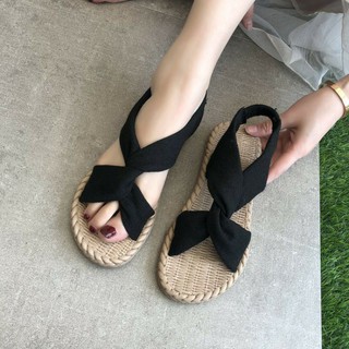 Giày sandal quai chéo nữ vải canvas đế giả cói vintage