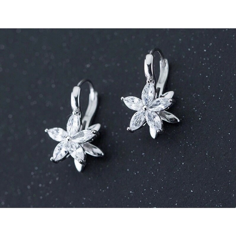 Khuyên tai treo hoa 5 cánh cực sáng bạc chuẩn