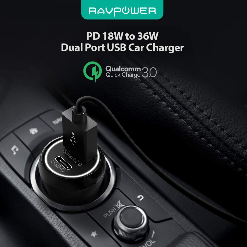 Củ Sạc Điện Thoại Trên Ô Tô RAVPower RP-PC091 36W Quick Charge 3.0, USB Type C PD 18W, iSmart 2.0 0 - Hàng Chính Hãng