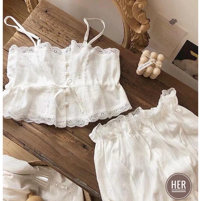 Bộ Đồ Ngủ - Bộ Mặc Nhà 2 Dây Dáng Áo Croptop Chất Đũi Mỏng, Mát, Mềm Mịn Pha Ren Gợi Cảm, Sexy Thoải mái - Her Sleepwear