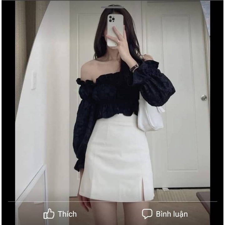 Set áo đen gấm hoa + cv trắng xếp li