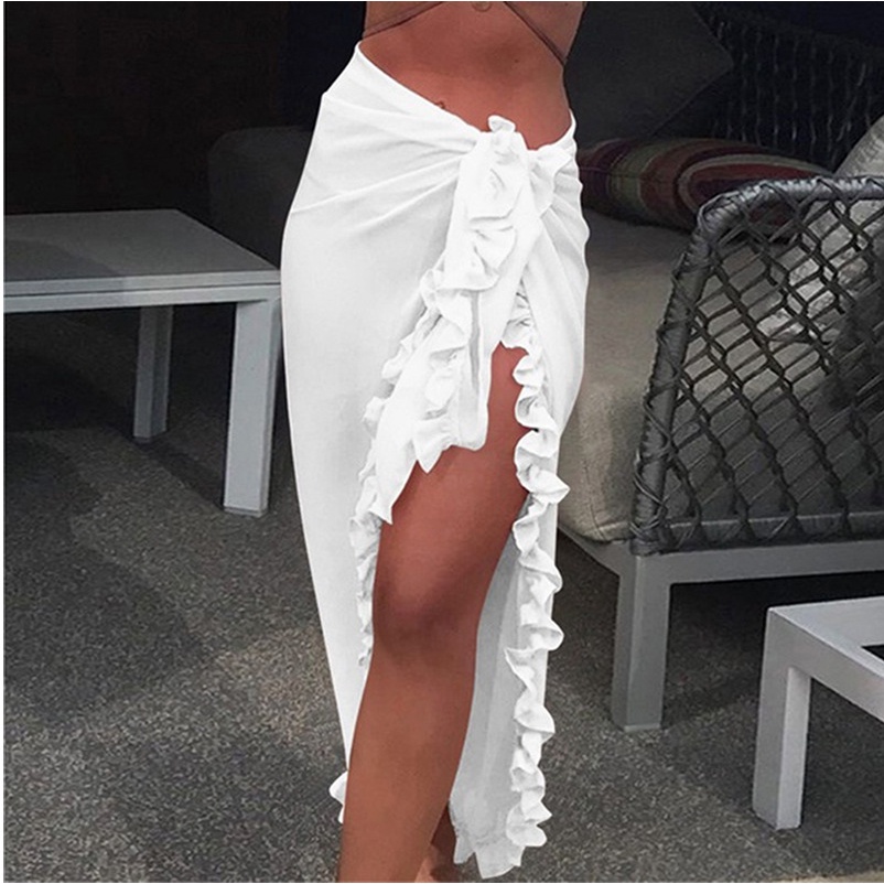 Khăn quấn đi biển, khăn choàng ngoài bikini kín đáo dài viền bèo nhún gợi cảm nữ tính