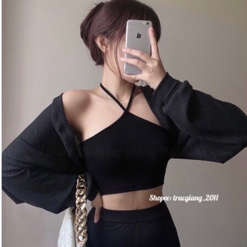 Set áo croptop cổ yếm+áo khoác tay phồng