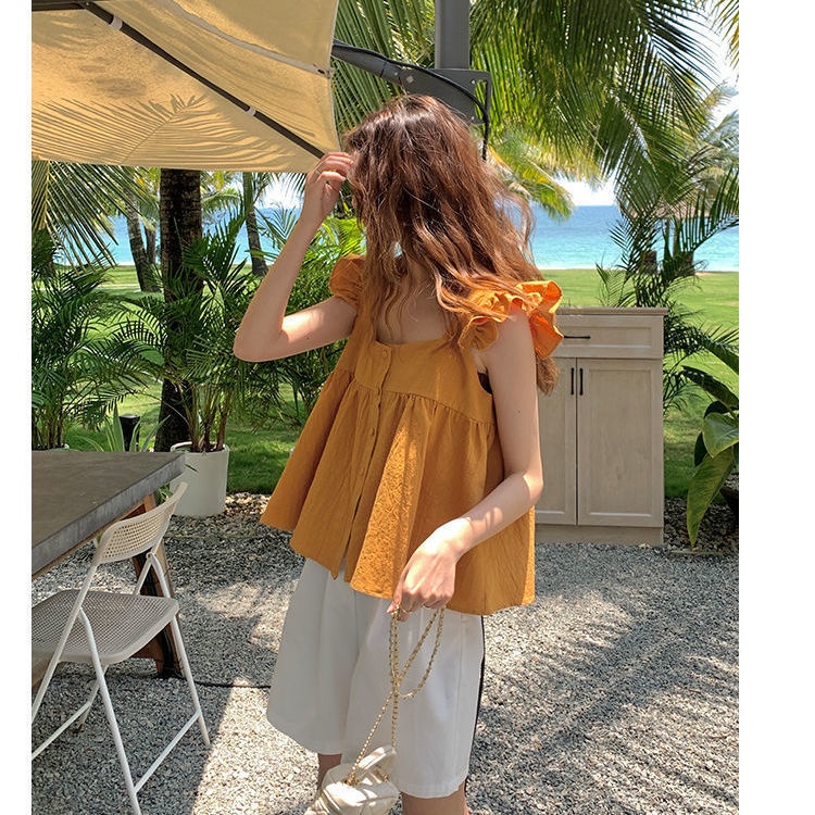 Áo Cổ Vuông Viền Bèo Màu Sắc Ngọt Ngào Thời Trang Hàn Quốc Cho Nữ