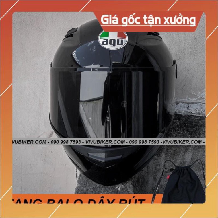 KHO SG- Mũ Fullface AGU đen bóng tặng kèm balo dây rút - Mũ bảo hiểm Fullface AGU đen bóng kính đen siêu ng