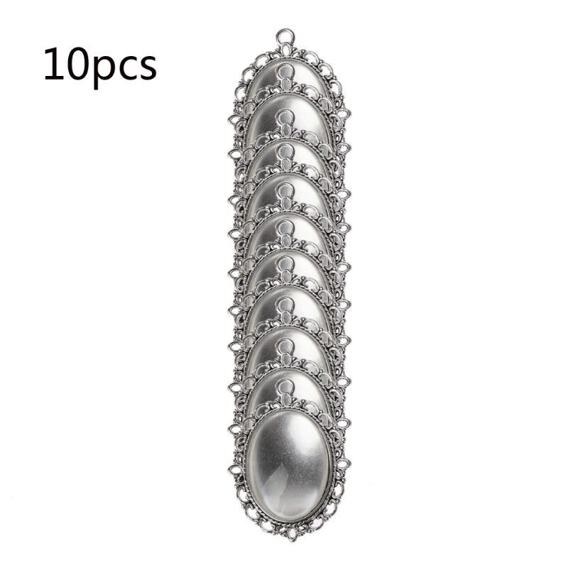 Set 10 khay mặt dây chuyền và 10 miếng cabochons thủy tinh hình oval tự làm trang sức thủ công