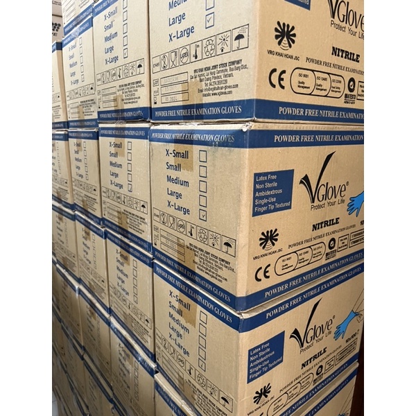 Găng tay y tế  khám bệnh Nitrile Vglove màu xanh , hộp 100 cái , size S L XL