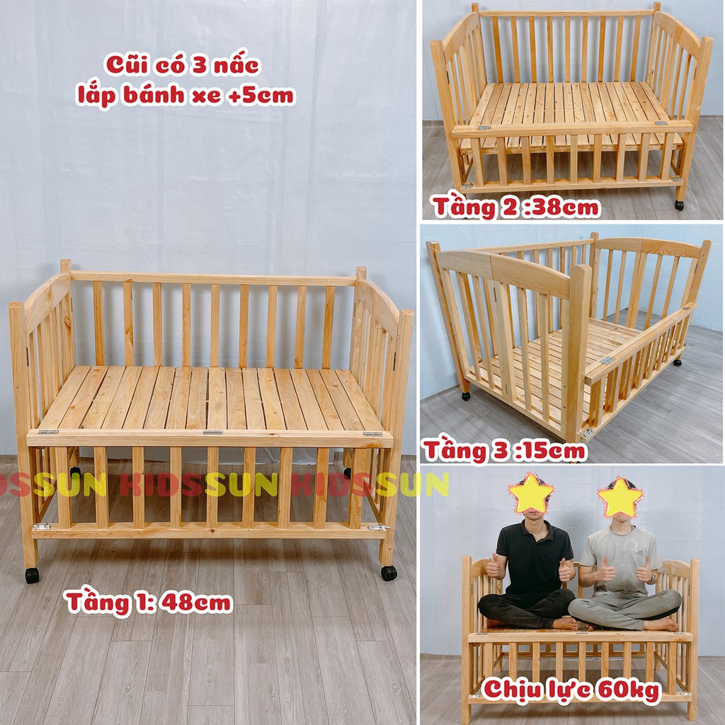 Cũi Cho Bé Giường Cũi KIDSSUN Trẻ Em Kích Thước(120x80x86) Gỗ Quế Màu Tự Nhiên BH 24 Tháng Hàng Xuất Khẩu