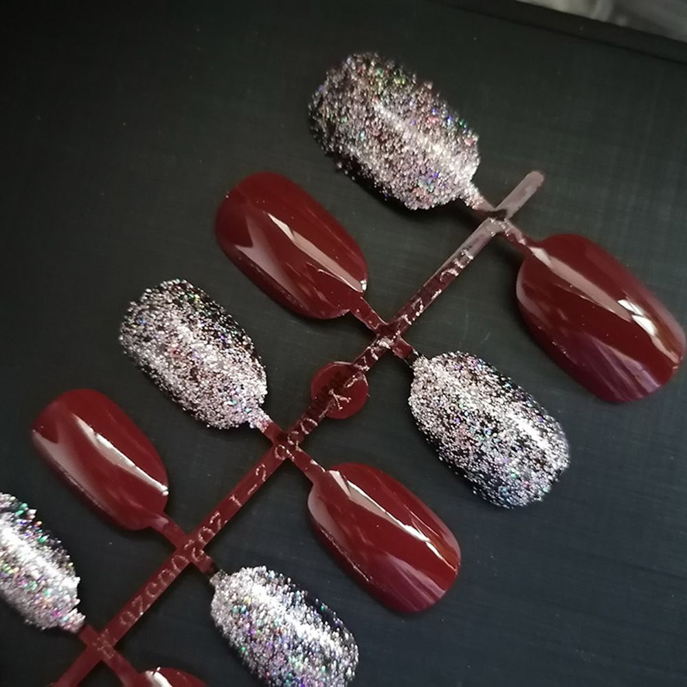 [Hàng mới về] Set 24 móng tay giả kiểu Pháp đầu vuông đính kim tuyến lấp lánh