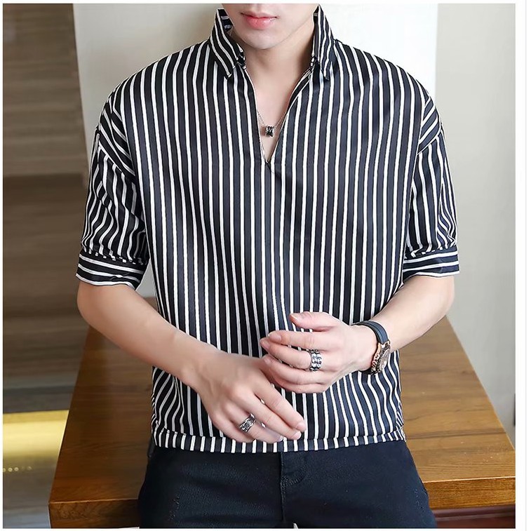 Áo sơ mi tay ngắn phối cúc kẻ sọc thời trang trẻ trung cho nam và nữ | BigBuy360 - bigbuy360.vn