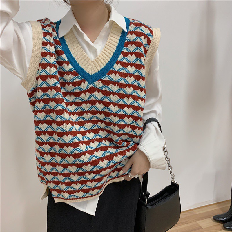 Áo Khoác Len Không Tay Cổ Chữ V Phong Cách Retro Cho Nữ