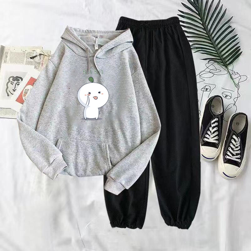 Sét bộ áo Hoodie hạt mầm Leuleu + quần bom đen, Áo nỉ Unisex from rộng, thiết kế phong cách, Sét bộ mặc ở nhà - MODY