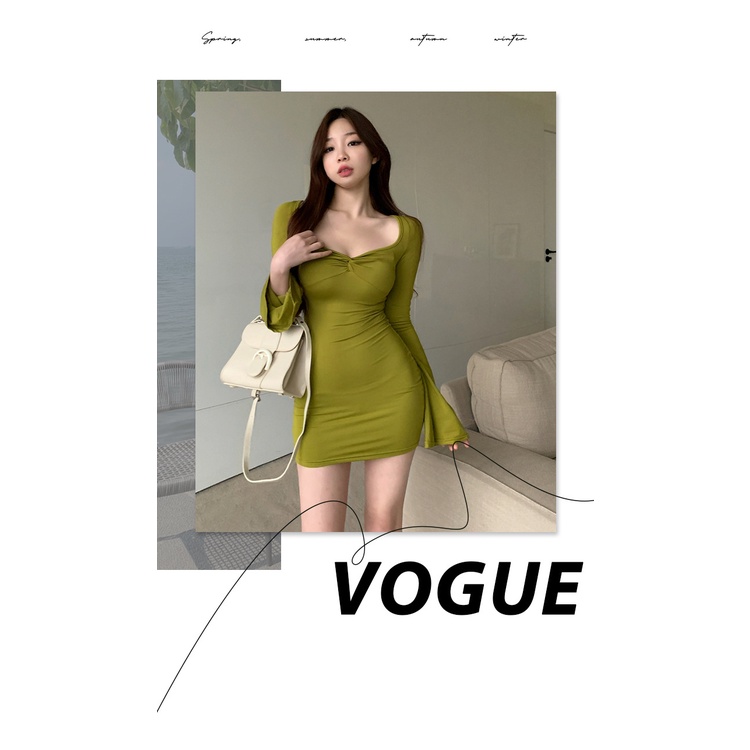 Áo đầm ôm hông cổ chữ V tay dài thời trang mùa xuân 2022 quyến rũ dành cho nữ
