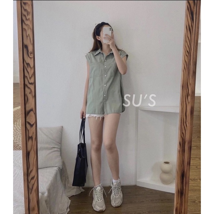 [Sẵn/Ảnh thật]- Áo Sơ mi sát nách vai tròn, Sơ mi nữ chất đẹp