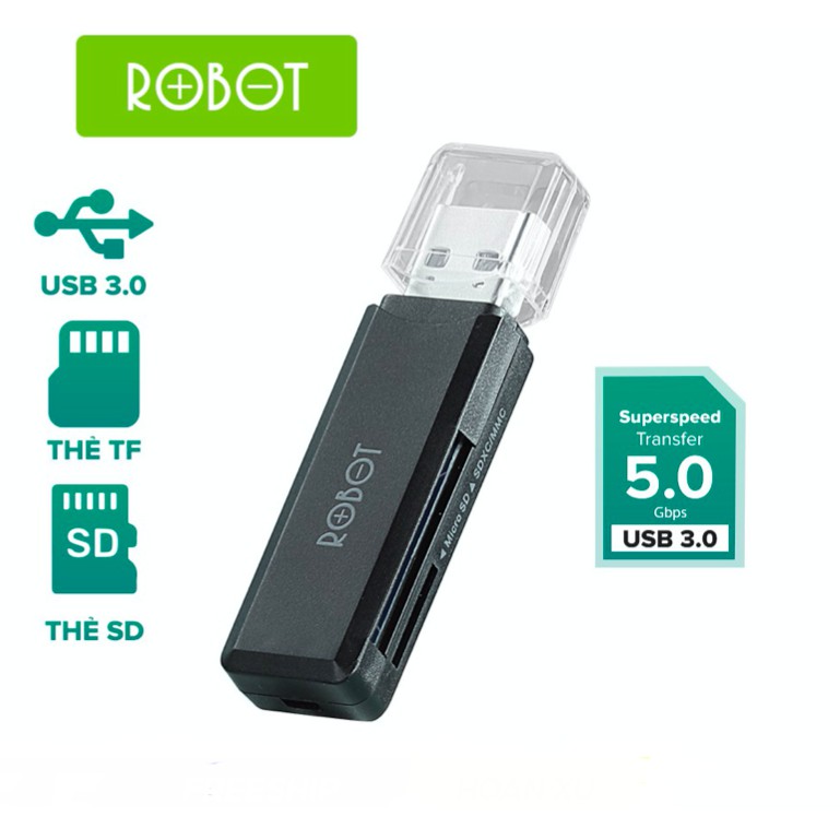 Dầu đọc thẻ nhớ USB ROBOT CR102 Chuẩn USB 3.0 Tốc độ truyền tải nhanh khe cắm thẻ nhớ SD/MicroSD - Hàng Chính Hãng