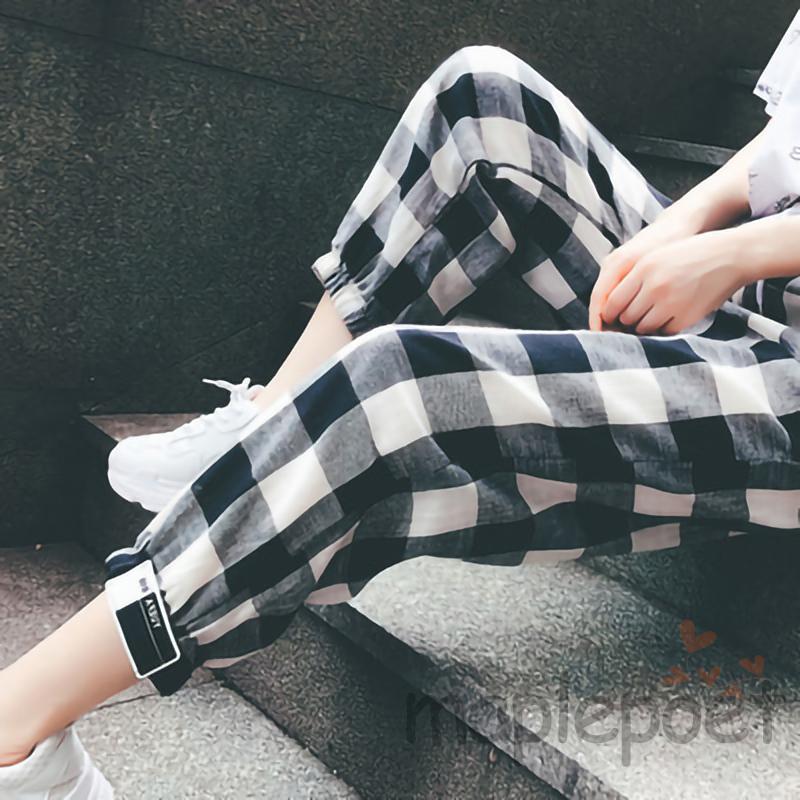 MAP-Female Trousers, Women’ s Plaid High Waist Long Harem Pants with Drawstring for Spring Summer, S/M/L/XL/XXL