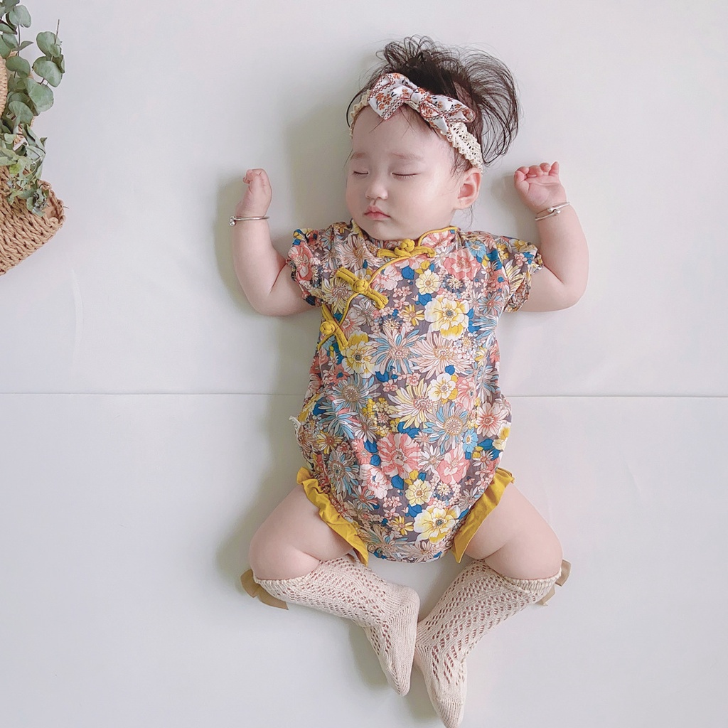 Bộ áo liền quần in hoa cho bé gái