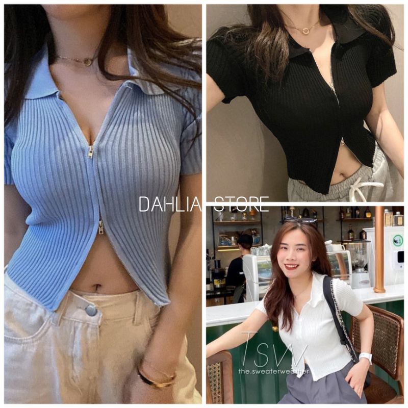 Áo Croptop Khoá Kéo Nữ [FREESHIP]🌸 Polo thun tay lỡ ôm body, phông cá tính màu ĐEN | TRẮNG | XANH Ulzzang 🌸