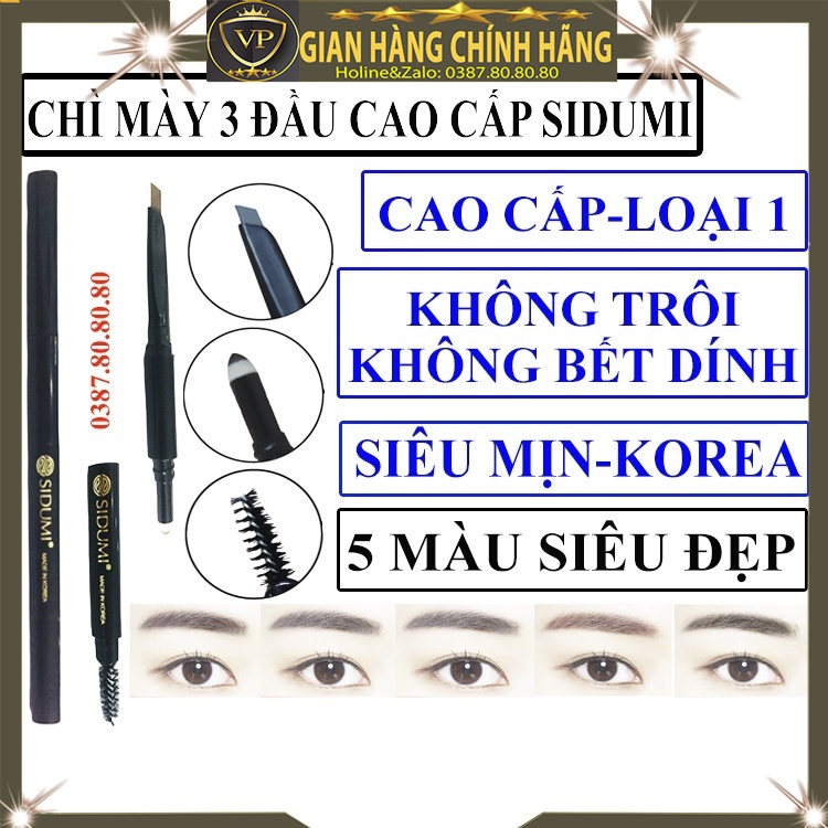 Bút chì kẻ lông mày chân mày 3 đầu 2 đầu lâu trôi không thấm nước chính hãng Sidumi hàn quốc màu xám nâu đen cho da dầu