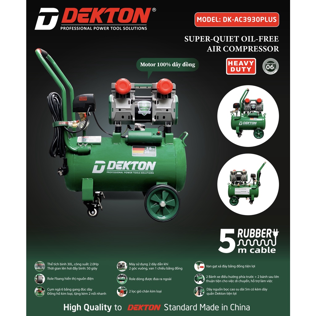Máy Nén Khí Không Dầu Dekton DK-AC3930PLUS / 2HP/1500W/ Bình 30L - Lưu Lượng 200L/Phút