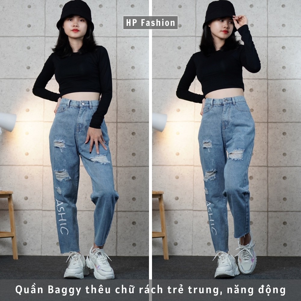 Quần baggy nữ ❤️ Quần jean cạp lưng cao in chữ ASHIC phối rách cá tính, chất bò dày dặn - QJ10 | BigBuy360 - bigbuy360.vn