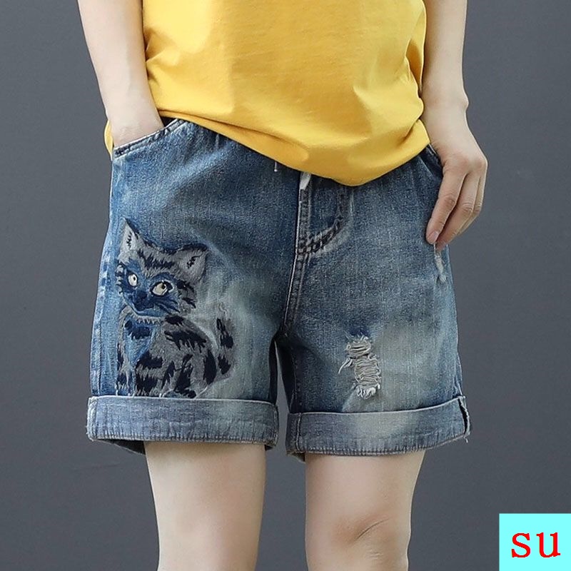 Quần Short Jean Lưng Cao Ống Rộng Co Giãn Thêu Họa Tiết Thời Trang Mùa Hè Phong Cách Retro Kích Thước Lớn Cho Nữ