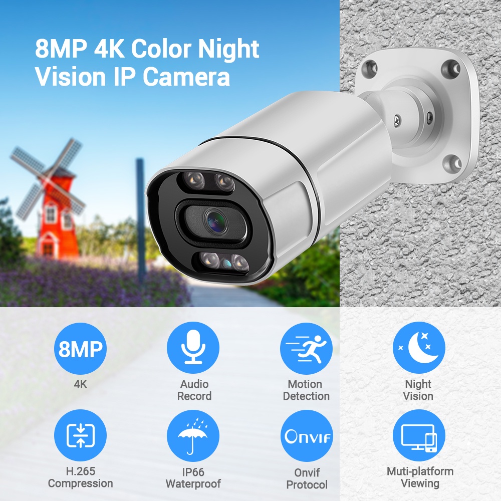 Camera quay an ninh HAMROL 8MP 4K H.265 IP chống thấm nước màu sắc đa dạng