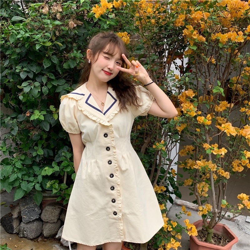 Đầm sơ mi tay phồng thiết kế mới xinh xắn thời trang theo phong cách hàn quốc cho nữ