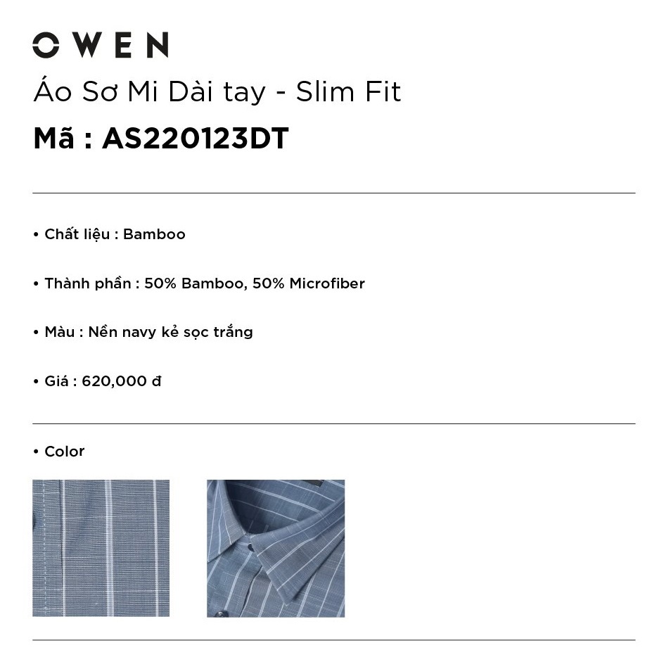 Áo sơ mi nam dài tay OWEN AS220123DT somi công sở vải sợi tre cao cấp màu kẻ navy sọc trắng dáng ôm tà lượn có túi