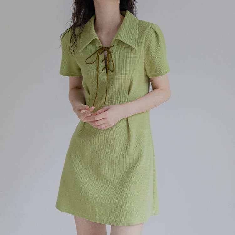 Đầm Cổ polo Dáng Chữ a Cột Dây Eo Màu Xanh Lá Thời Trang Mùa Hè Xinh Xắn Cho Nữ