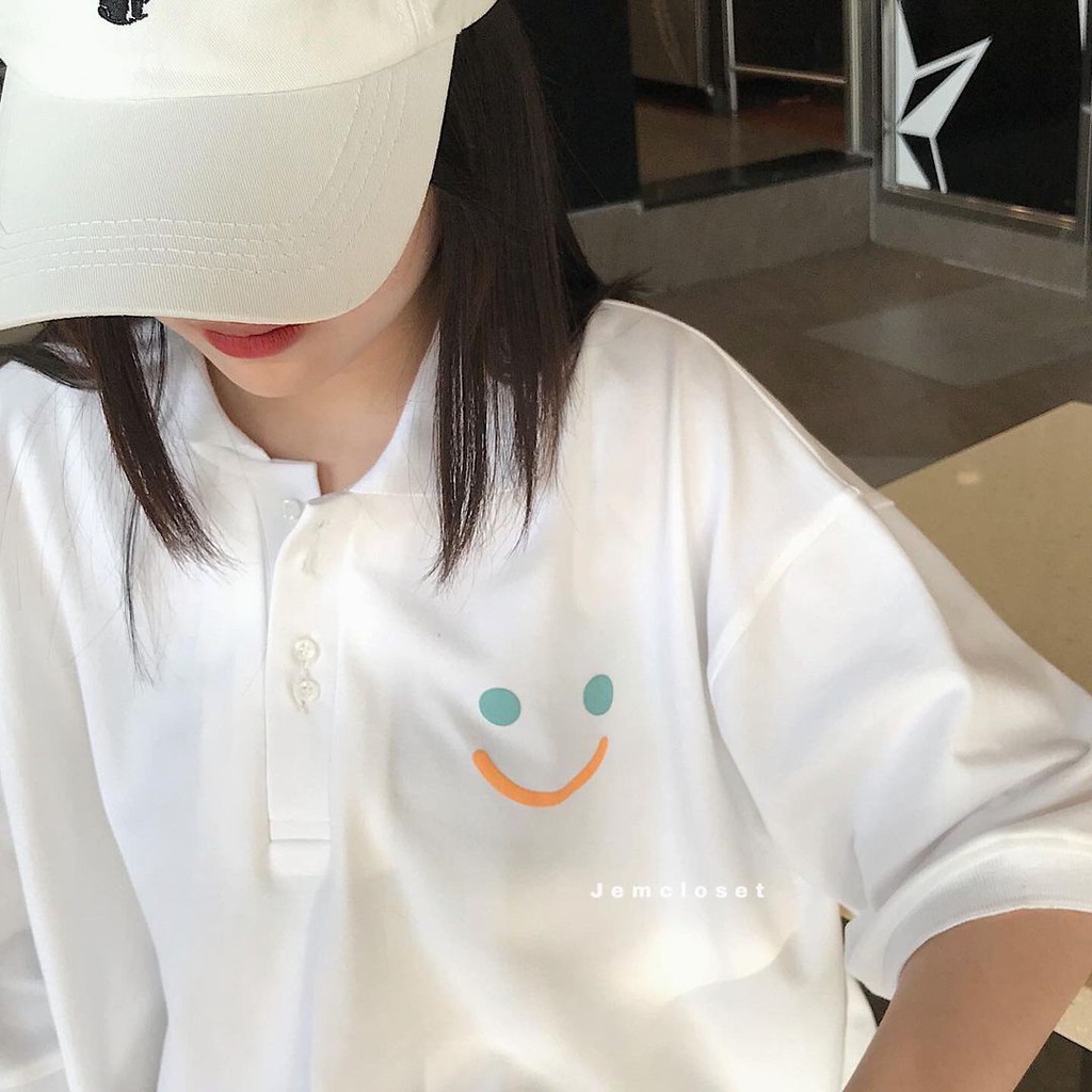 Áo Polo Nữ Tay Lỡ JEM CLOSET Thiết Kế Basic In Họa Tiết Mặt Cười Áo Thun Nữ Form Rộng APP 2 Màu Đen Trắng Siêu Cute10039
