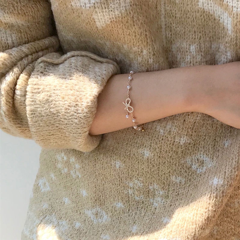 Phụ kiện trang sức vòng đeo tay mặt ngọc trai nơ thời trang dành cho nữ