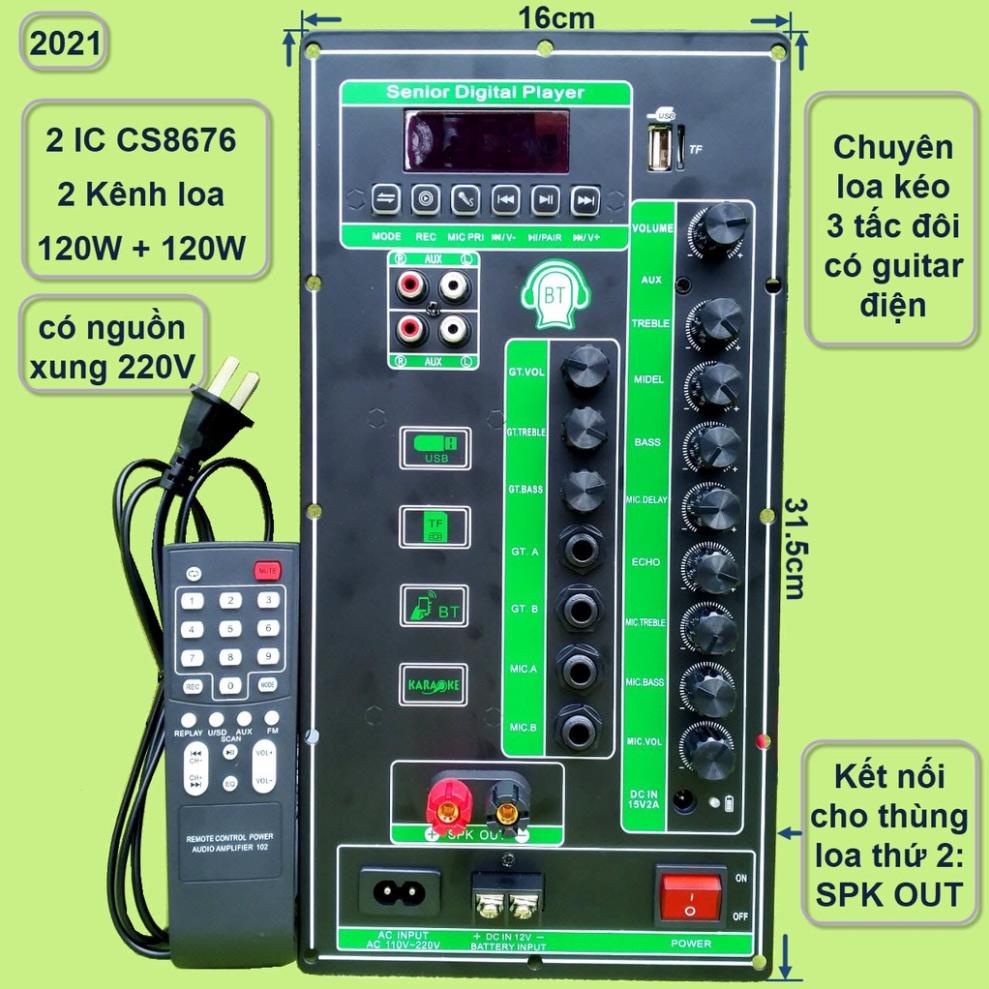 Mạch loa kéo 3 tấc đôi 3 đường tiếng 2 IC CS8676 120W + 120W có nguồn xung 220V kèm Micro đơn