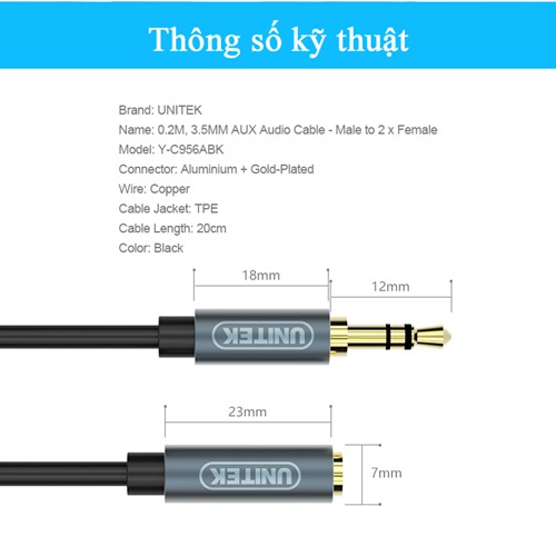DÂY CHIA TỪ 1 RA 2 TAI NGHE LOẠI TỐT UNITEK Y-C956 JACK CẮM 3.5 LY