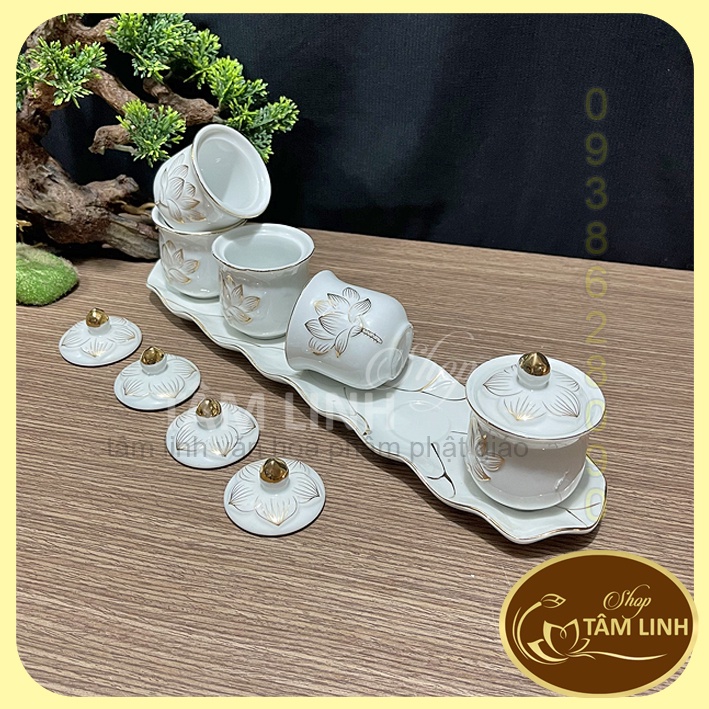 Bộ án 5 ly nước thờ cúng có nắp _ Sứ Bạch Ngọc Sen Nổi Cao Cấp - Loại 1