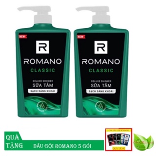 Romano: Bộ 2 Chai Sữa Tắm Romano Classic 650g/chai+Tặng kèm 5 gói dầu gội