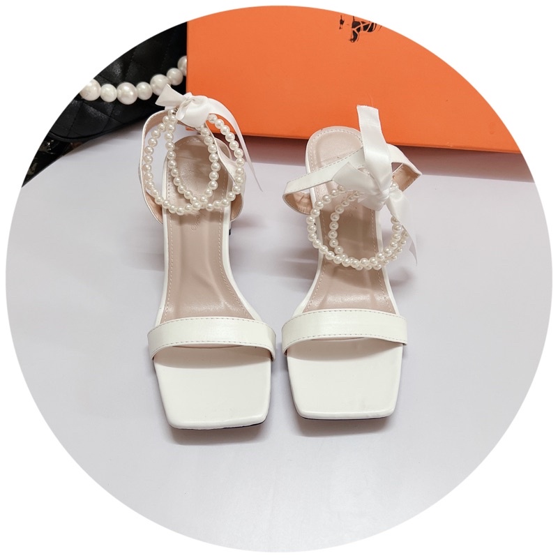 [Ảnh chụp thật] GIÀY SANDAL CAO GÓT QUAI NGANG 2 Vòng Ngọc GÓT VUÔNG 7p SANG CHẢNH