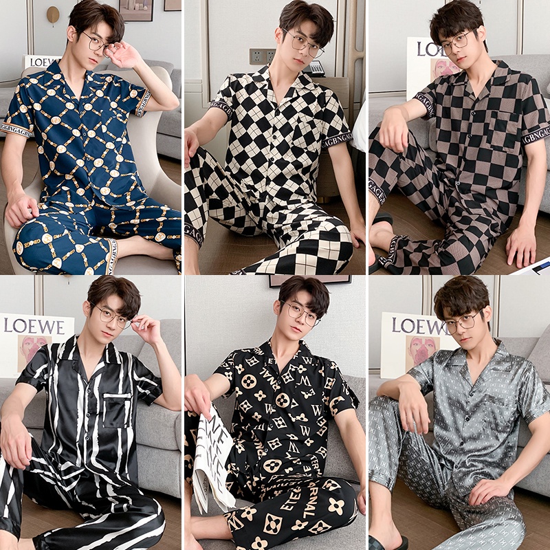 Bộ Đồ Ngủ 2 Món Bằng Lụa Satin Gồm 2 Món Tay Ngắn In Họa Tiết Kẻ Ô Dành Cho Nam